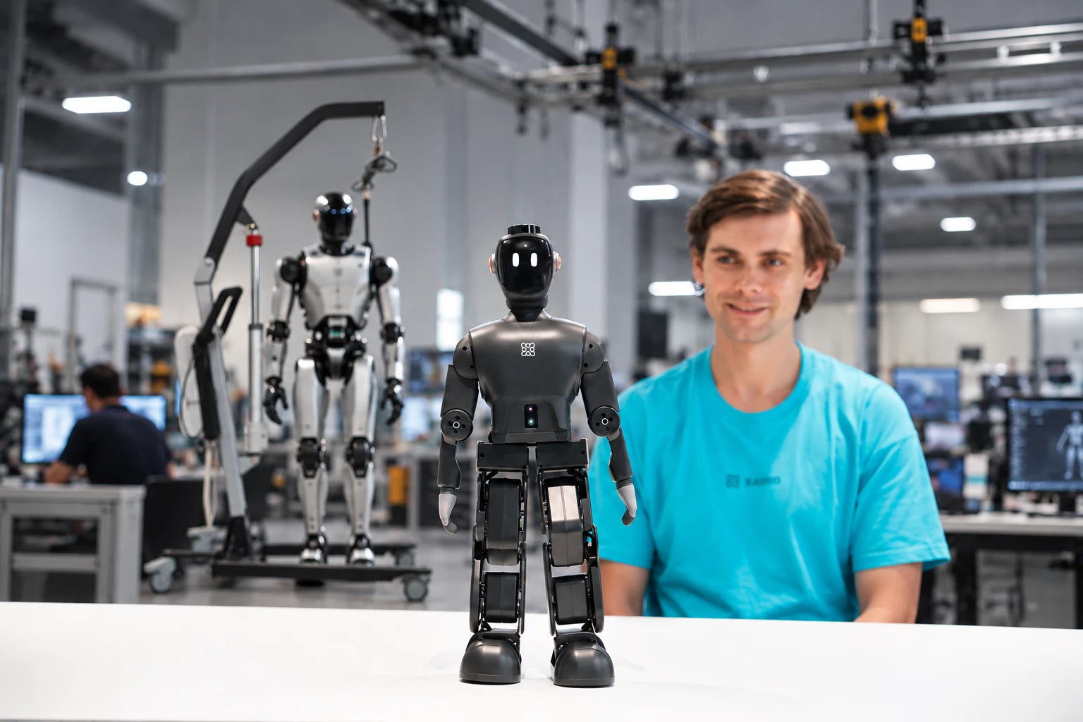 M1 on a desk beside a full-size humanoid